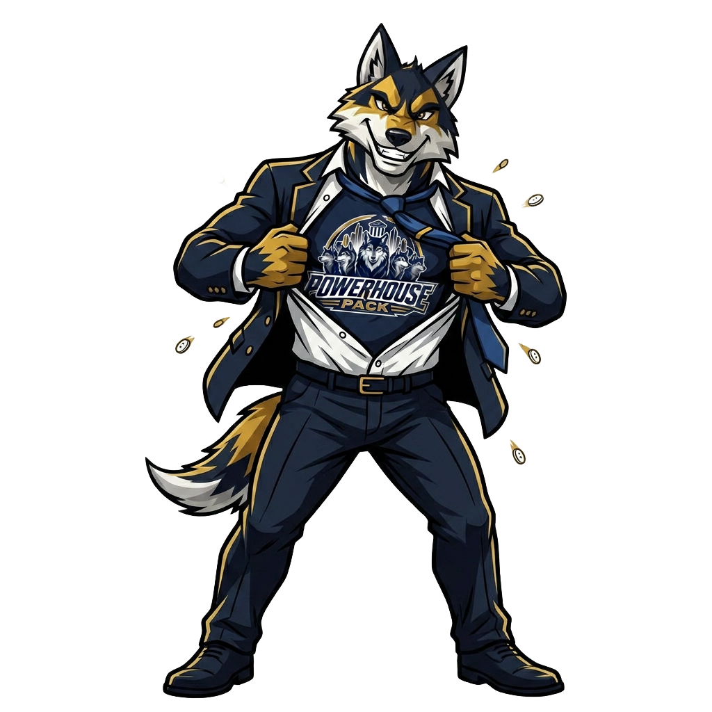 PowerHouse Pack wolf mascot in business suit revealing team shirt